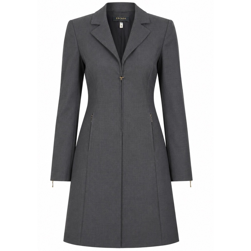 Escada Charcoal Grey 100% Virgin Wool Longline Blazer Coat Zip Front Size 36
